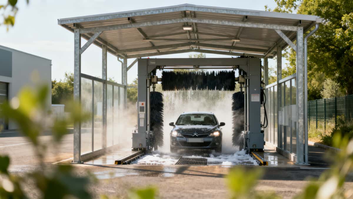 Abri pour portique de lavage auto dans une station de lavage