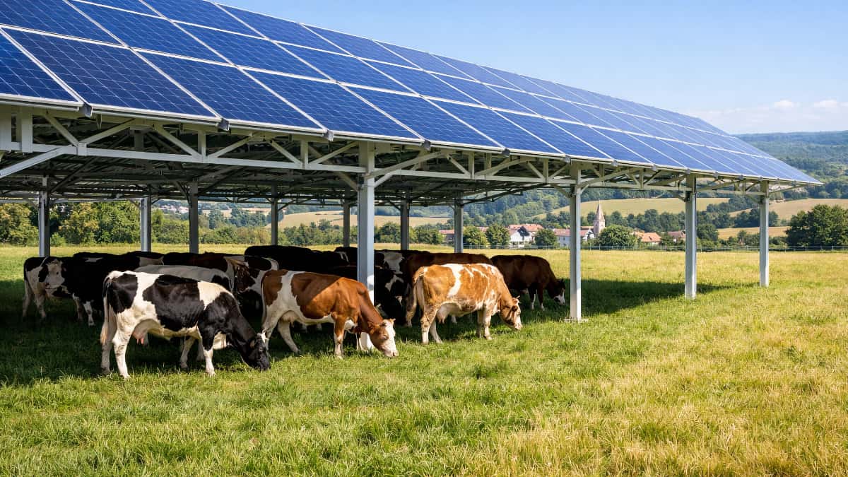 Ombrière agrivoltaïque protégeant des cultures sous panneaux solaires