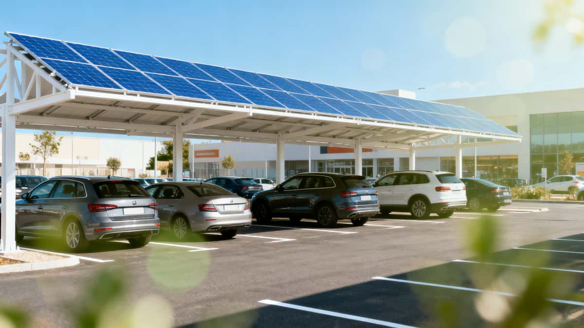 Ombrière photovoltaïque pour parking commercial avec panneaux solaires et véhicules stationnés