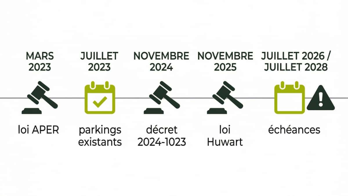 Frise chronologique loi APER 2023, décret 2024-1023, loi Huwart 2025 — calendrier des échéances ombrières photovoltaïques parkings