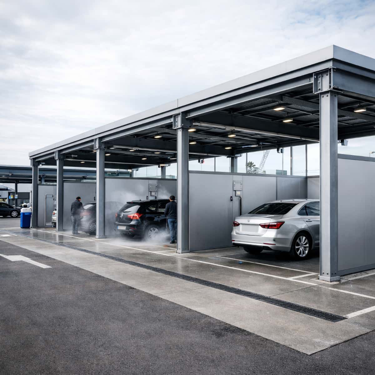 Station de lavage franchisée équipée d’auvents et d’abris AMD, avec plusieurs pistes de lavage couvertes.