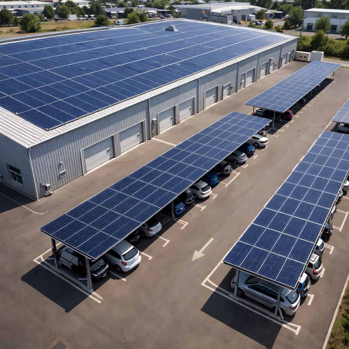 Vue aérienne d'un site industriel avec toiture photovoltaïque et ombrières de parking