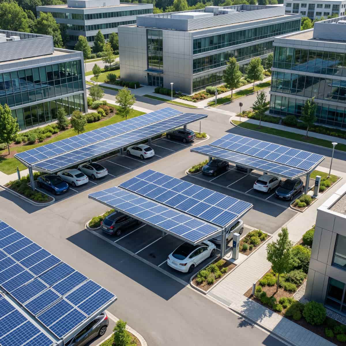 Ombrières photovoltaïques AMD installées sur un parking d’entreprise